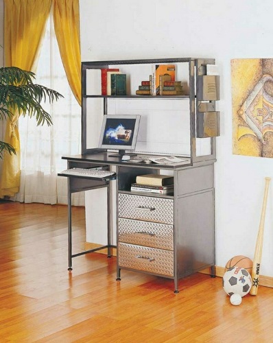 Desk-with-shelf-metal-shiny-surface-drawers-ball-image-yellow-curtains