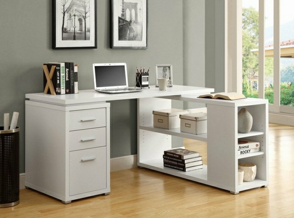 L-shaped-desk-with-shelf-white-laptop-books-bucket-drawers